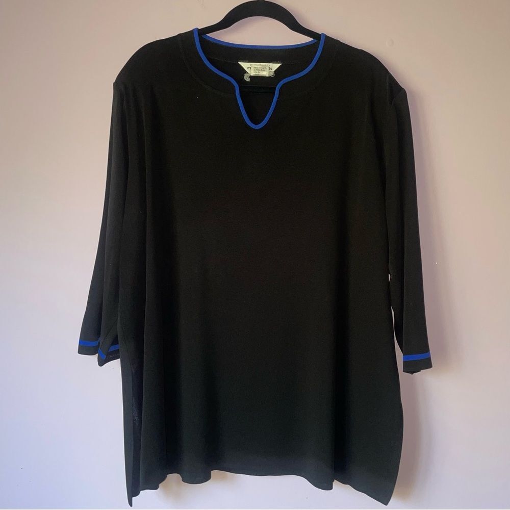 Misook 2X Black Knit Tunic Blouse Top Blue Trim Quiet Luxury Minimalist Capsule
